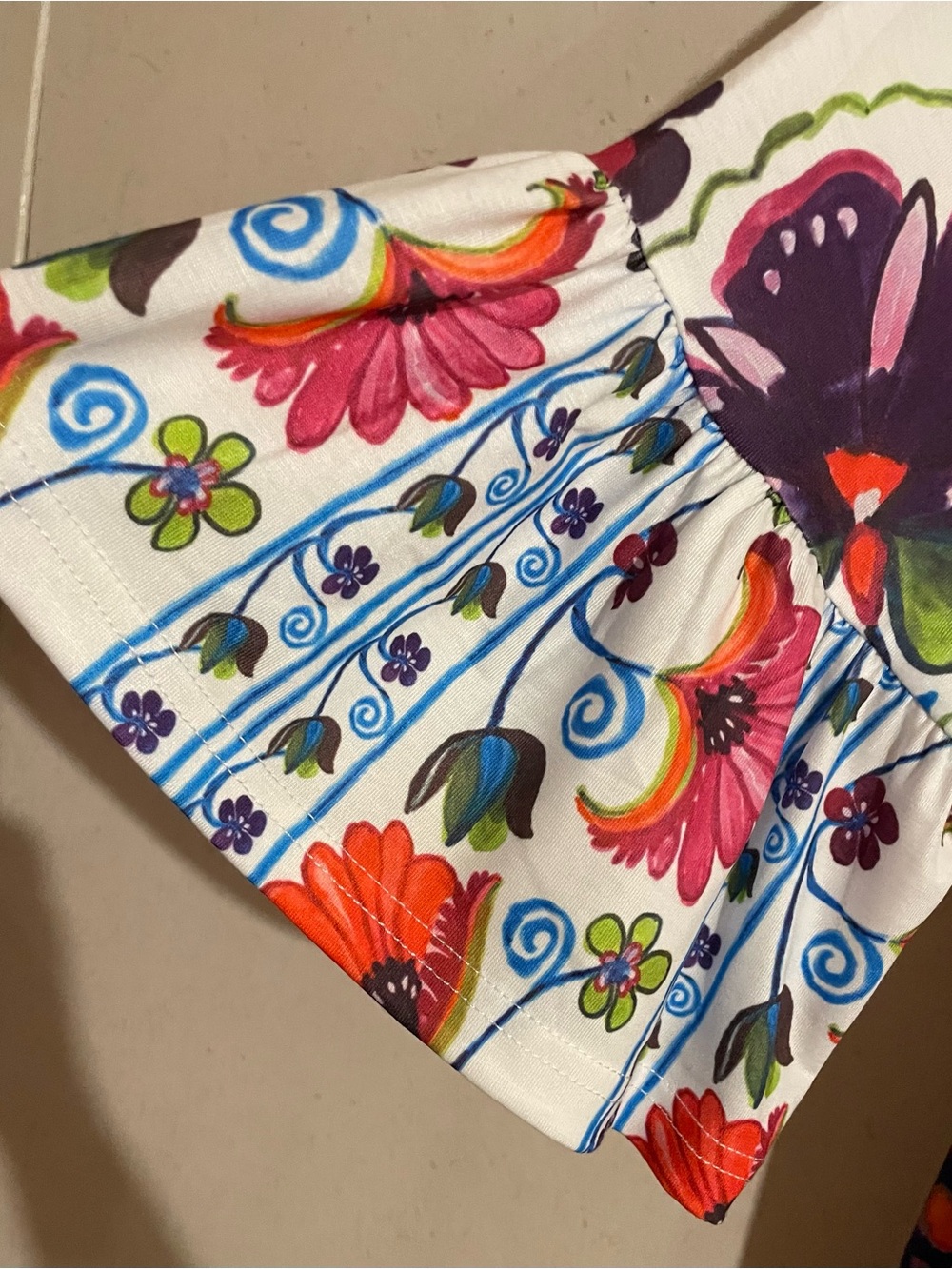 White Floral V-Neck  Dress with Multicolor Bloom Print by - Picture 3 of 4